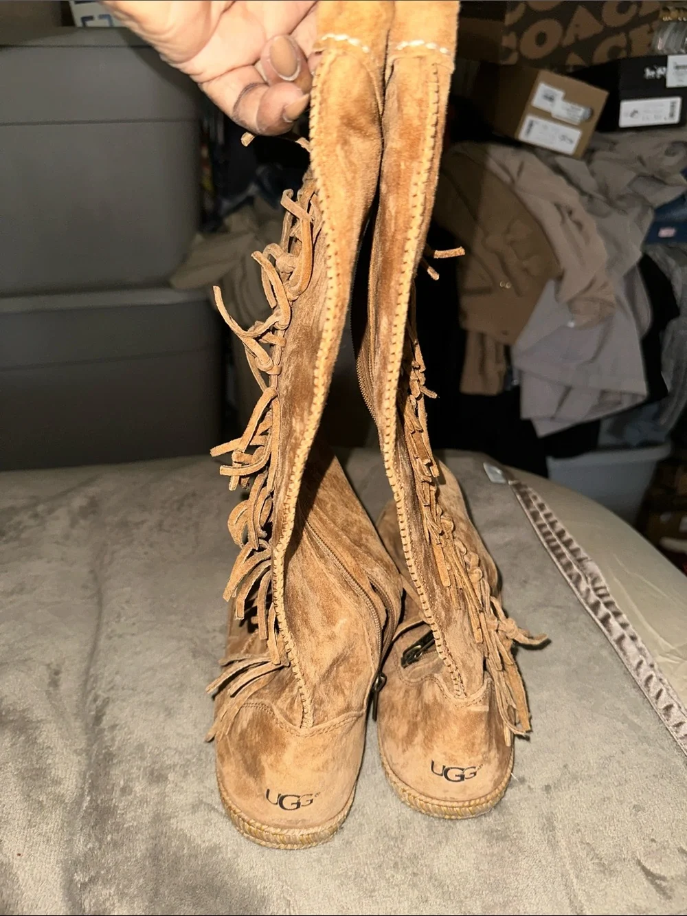 UGG Tan Suede Over-the-Knee Fringe Boots